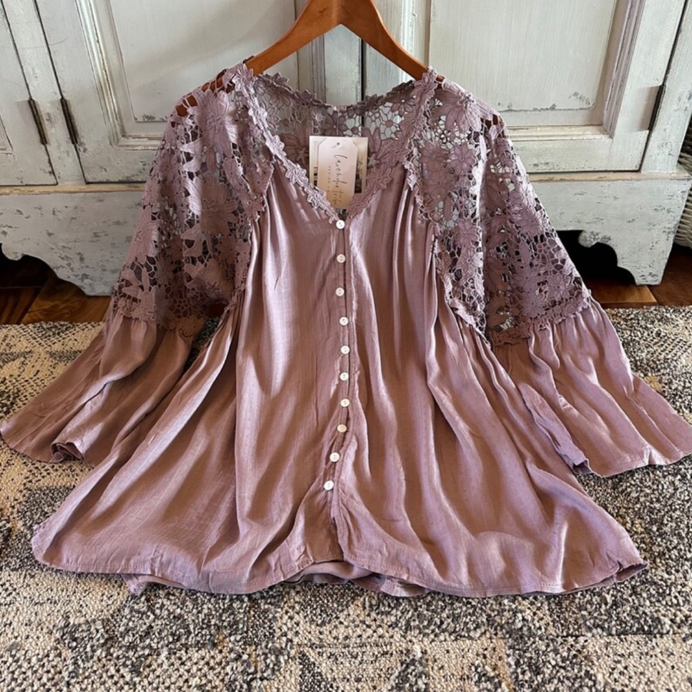 New Boho Lilac Purple Lace Festival Button Front Blouse Top Shirt